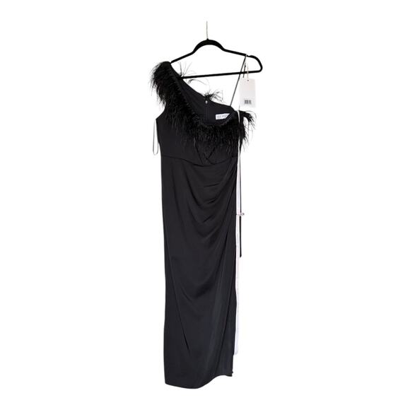 Mac Duggal 68147 One Shoulder Draped Length Dress Feather Trim Black Size 10 NWT - Picture 6 of 16